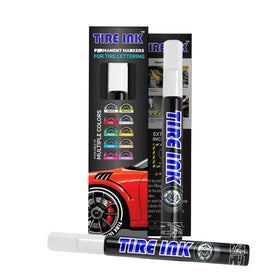 Tire Ink front packaging showing pack of two white pens and benefits