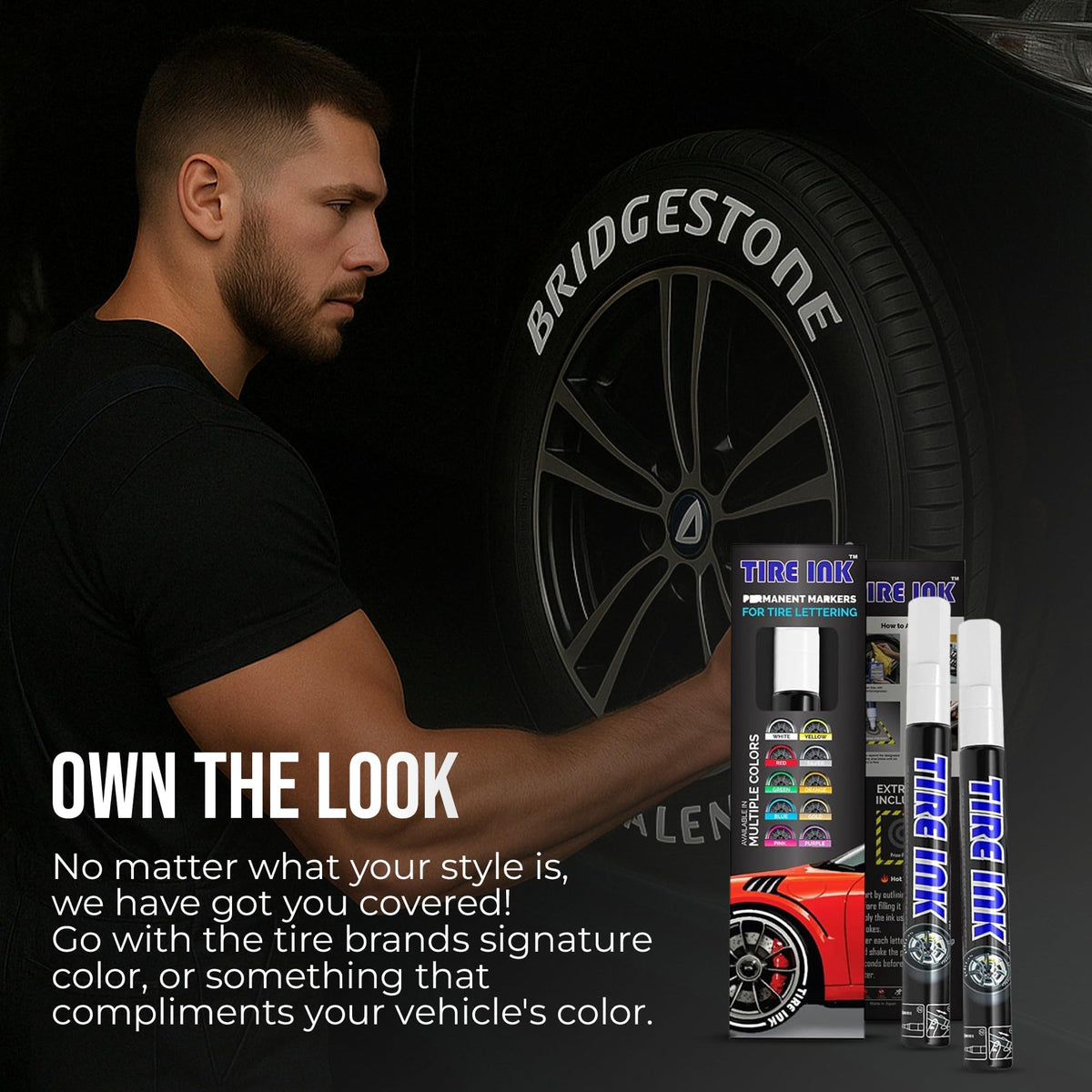 Tire Ink in lifestyle shot on car wheel for stylish accent