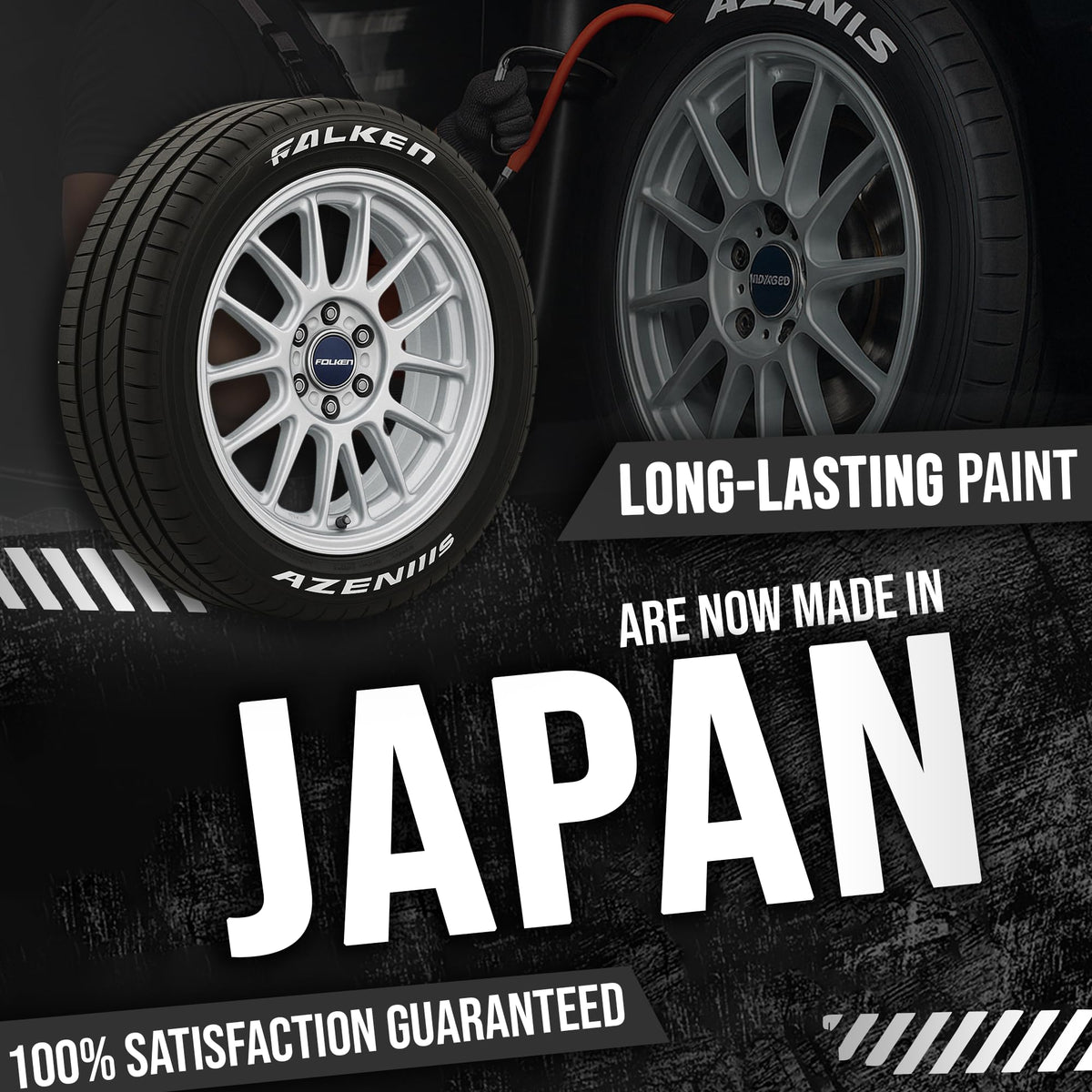 Tire Ink writing on tire sidewall illustrating clean white lettering