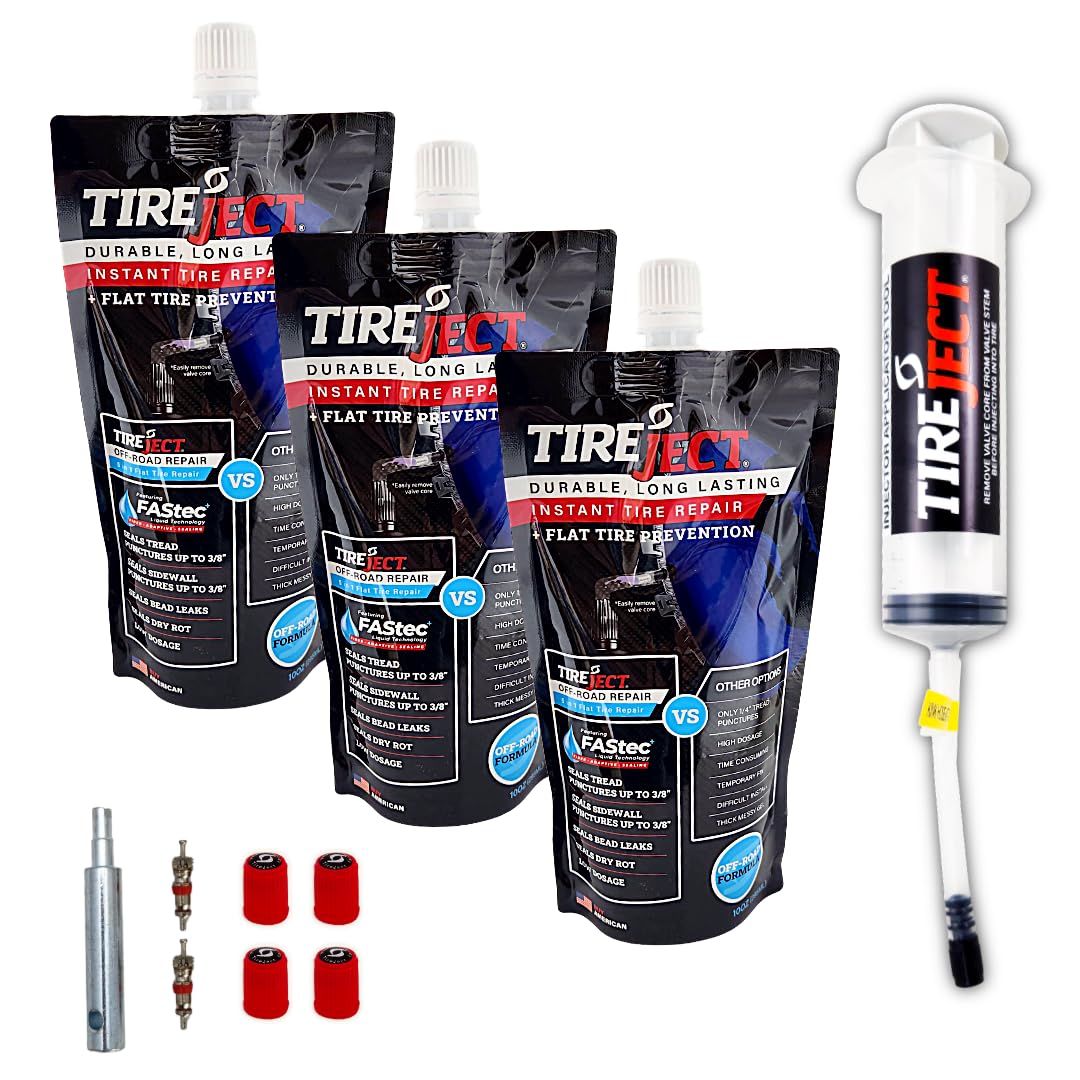 TireJect bottle front packaging showing kit contents and benefit of quick repairs