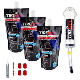 TireJect bottle front packaging showing kit contents and benefit of quick repairs