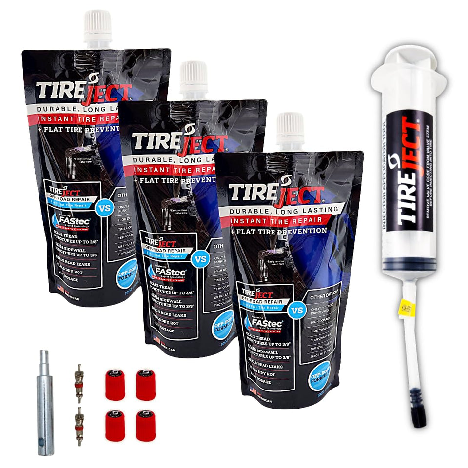 TireJect bottle front packaging showing kit contents and benefit of quick repairs