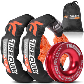 TireQuik front packaging showing kit contents and orange shackles, ready for use