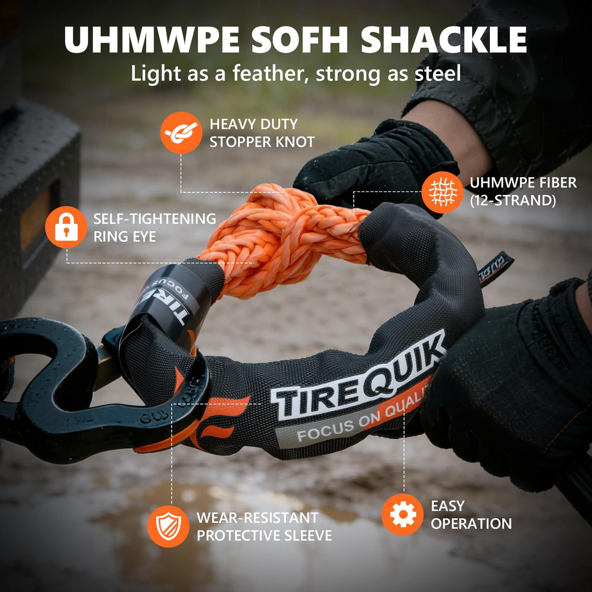 TireQuik soft shackles connected to vehicle tow point during off-road recovery