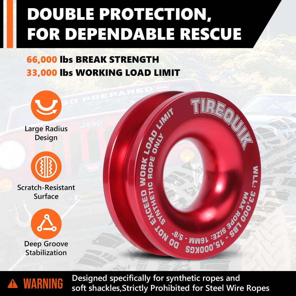 TireQuik soft shackle floating on water, buoyant and corrosion-resistant in mud