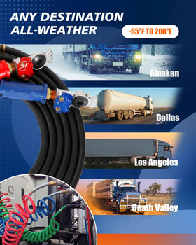 TIROL hoses installed on a Freightliner Cascadia illustrating fit compatibility and reliable hookup benefit