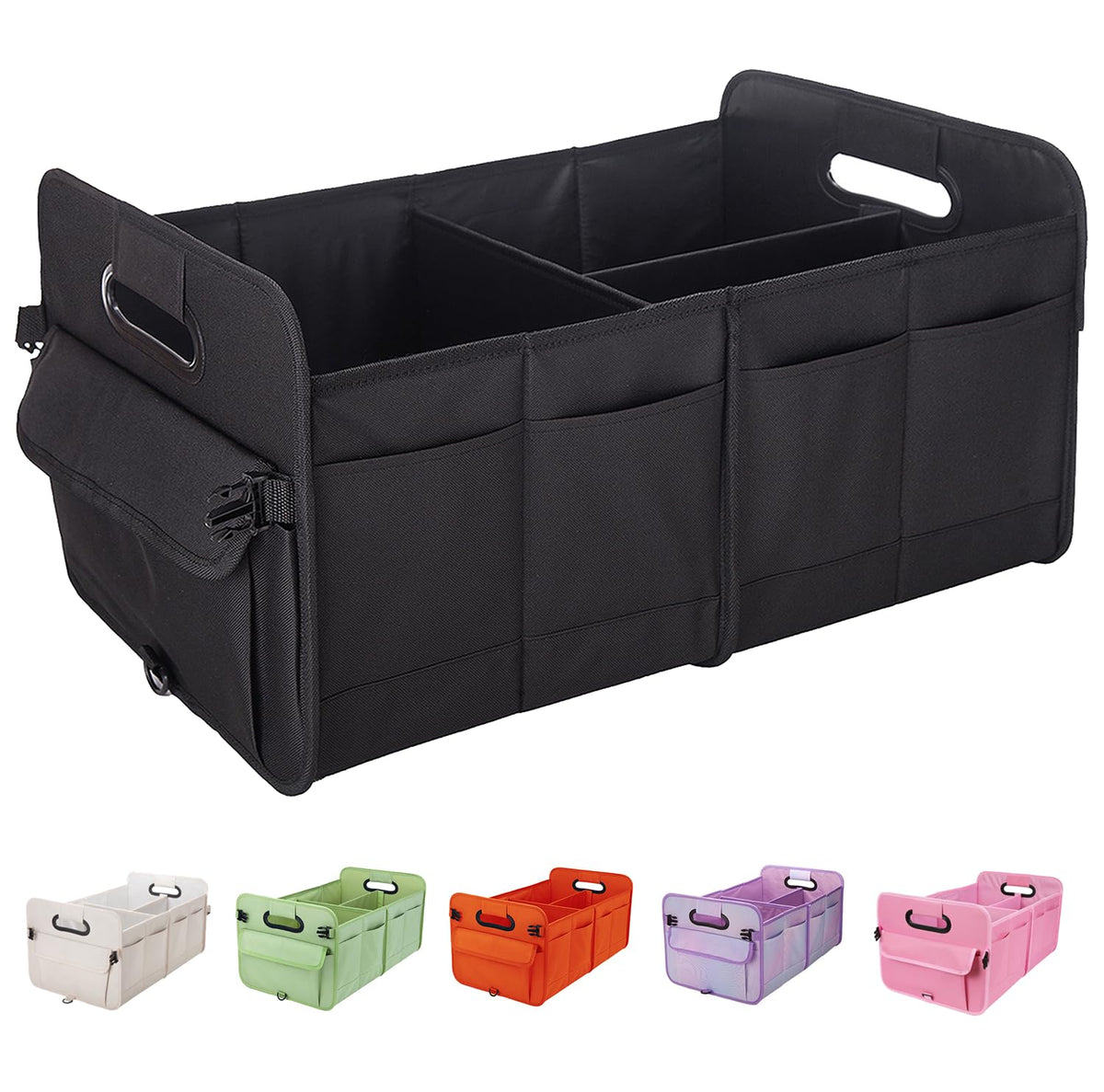 titiyiof front view showing assembled organizer and handles, tidy trunk benefit