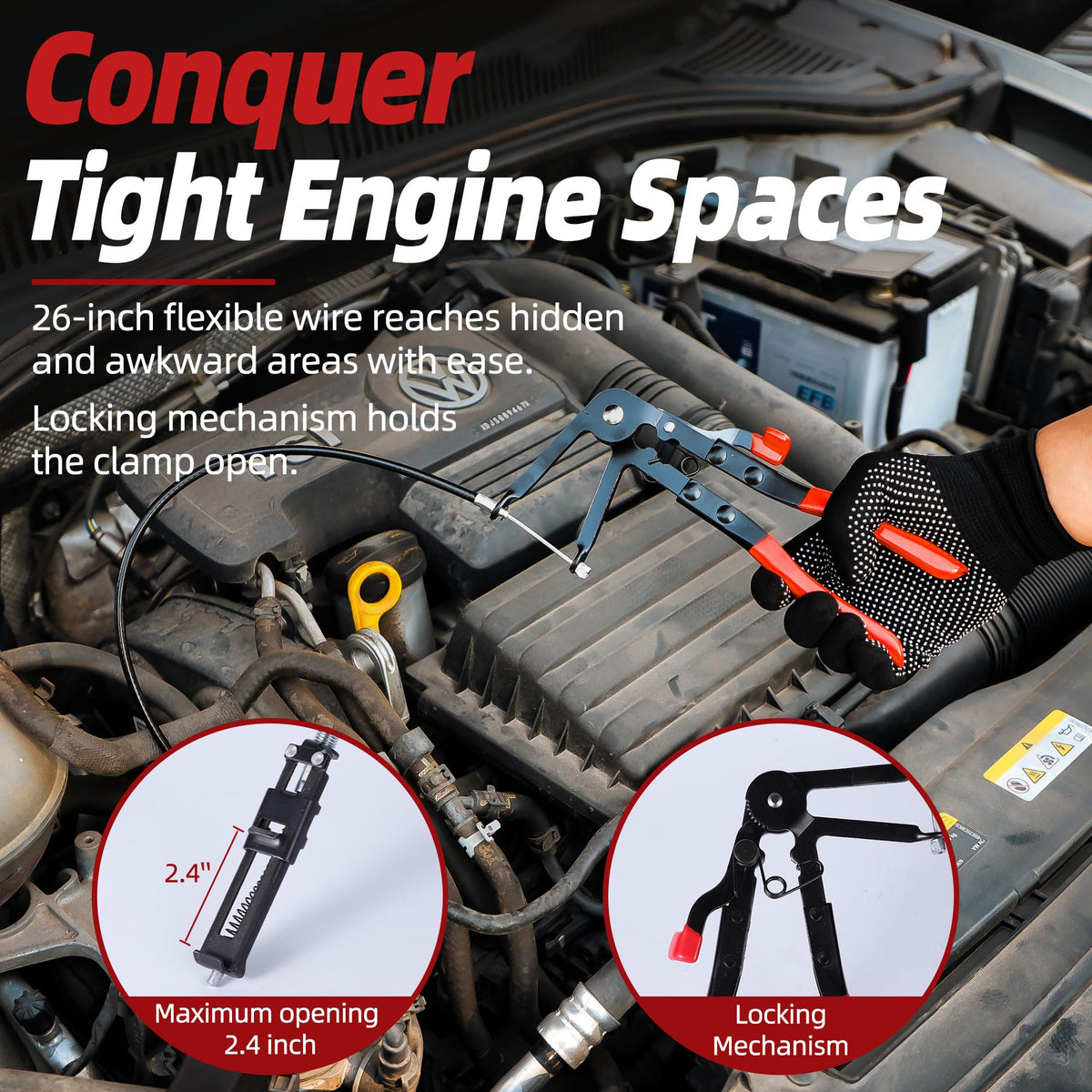 TKDMR flexible cable pliers in use reaching tight engine area for easier clamp removal