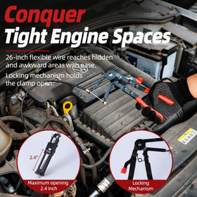 TKDMR flexible cable pliers in use reaching tight engine area for easier clamp removal