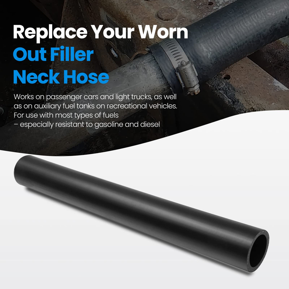 TKKEUEP hose fitted to vehicle filler neck showing secure routing benefit