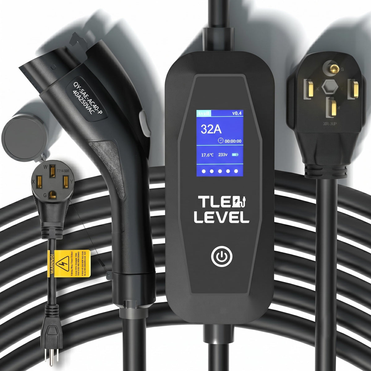 TLE LEVEL front view of portable 40A charger showing compact design and benefit fast charging