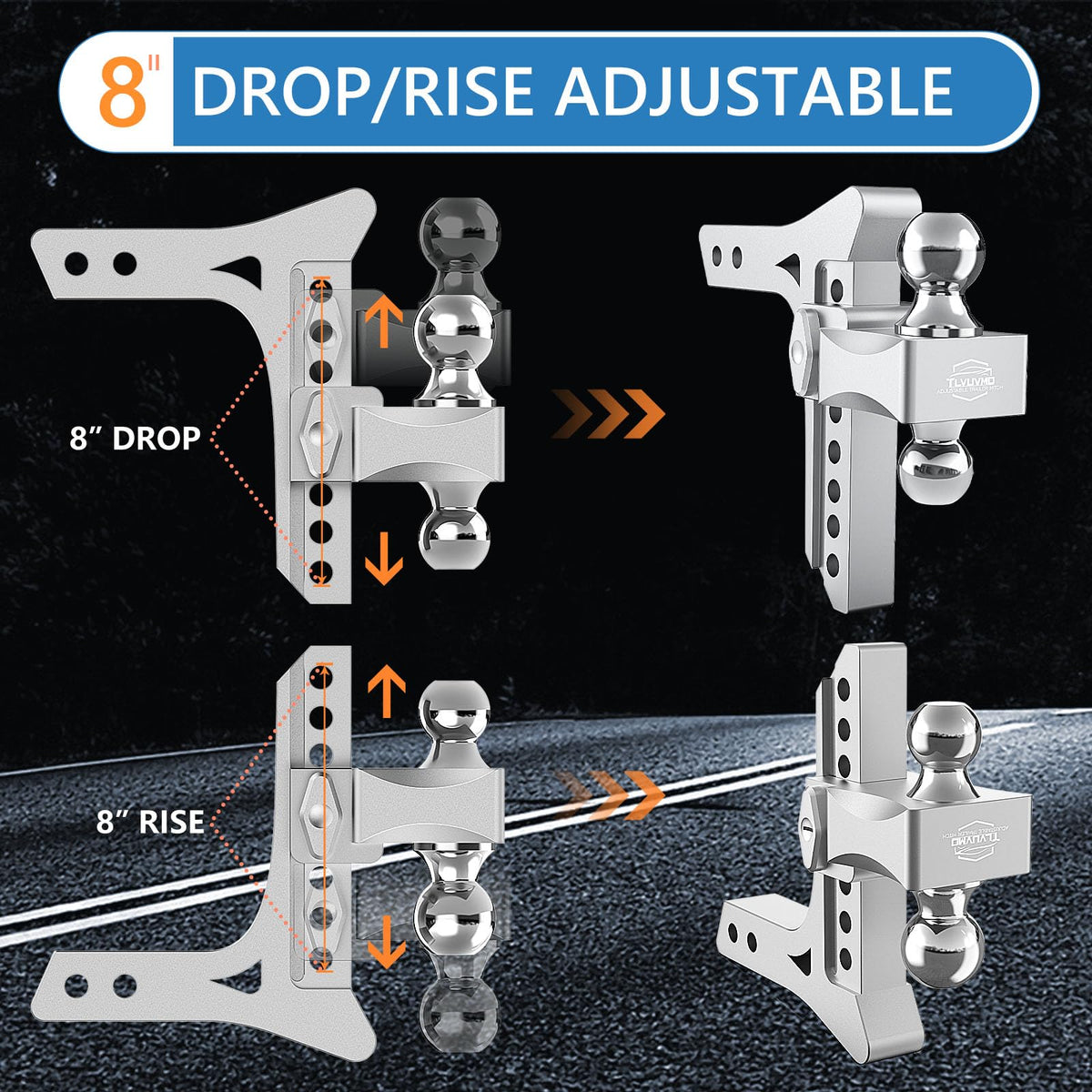 Tlvuvmo close-up of dual-ball head showing two ball sizes and secure towing benefit