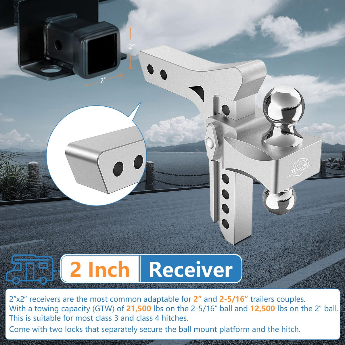 Tlvuvmo hitch installed on truck demonstrating correct fit and leveling benefit