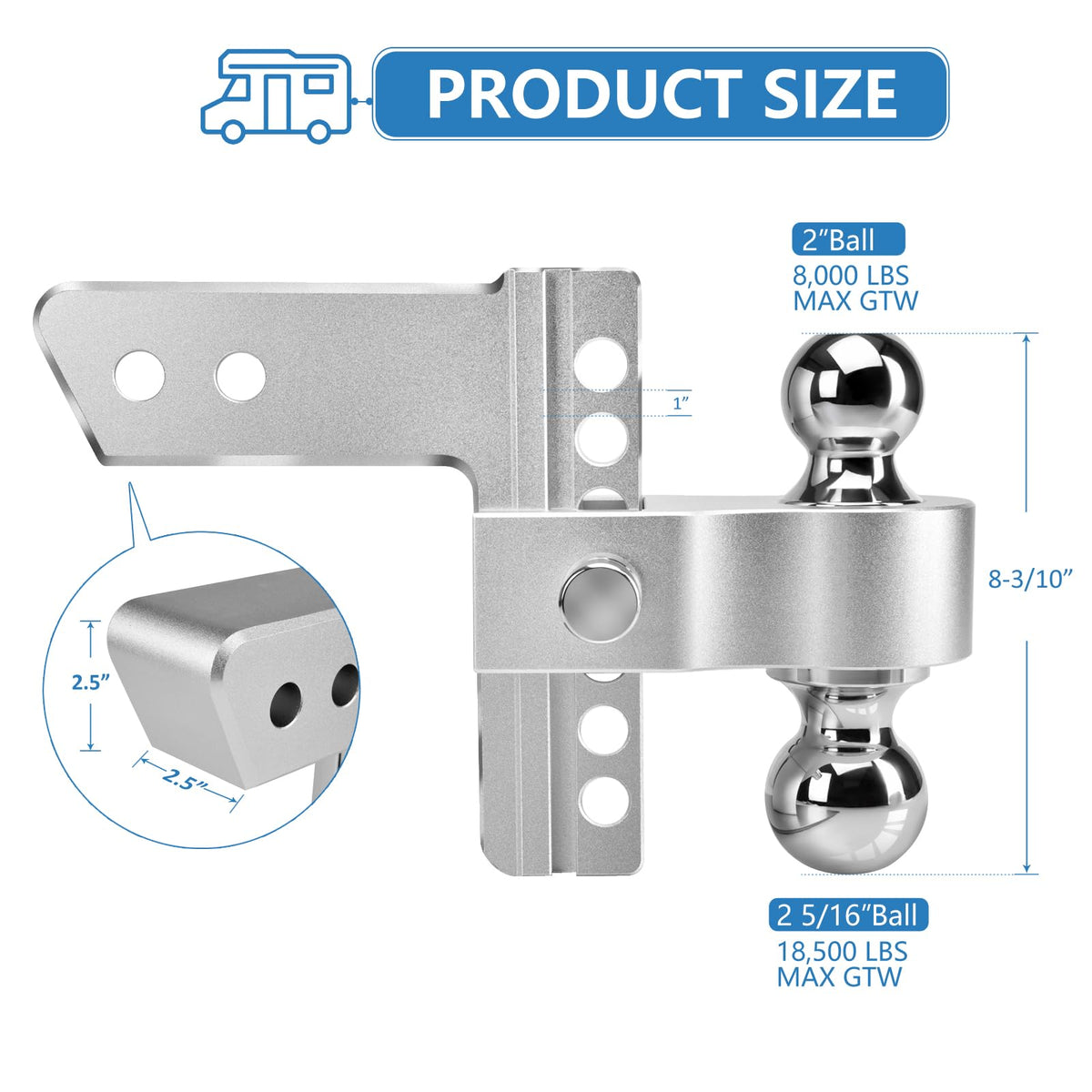 Tlvuvmo shank inserted in a 2.5 inch receiver illustrating secure fit and stability