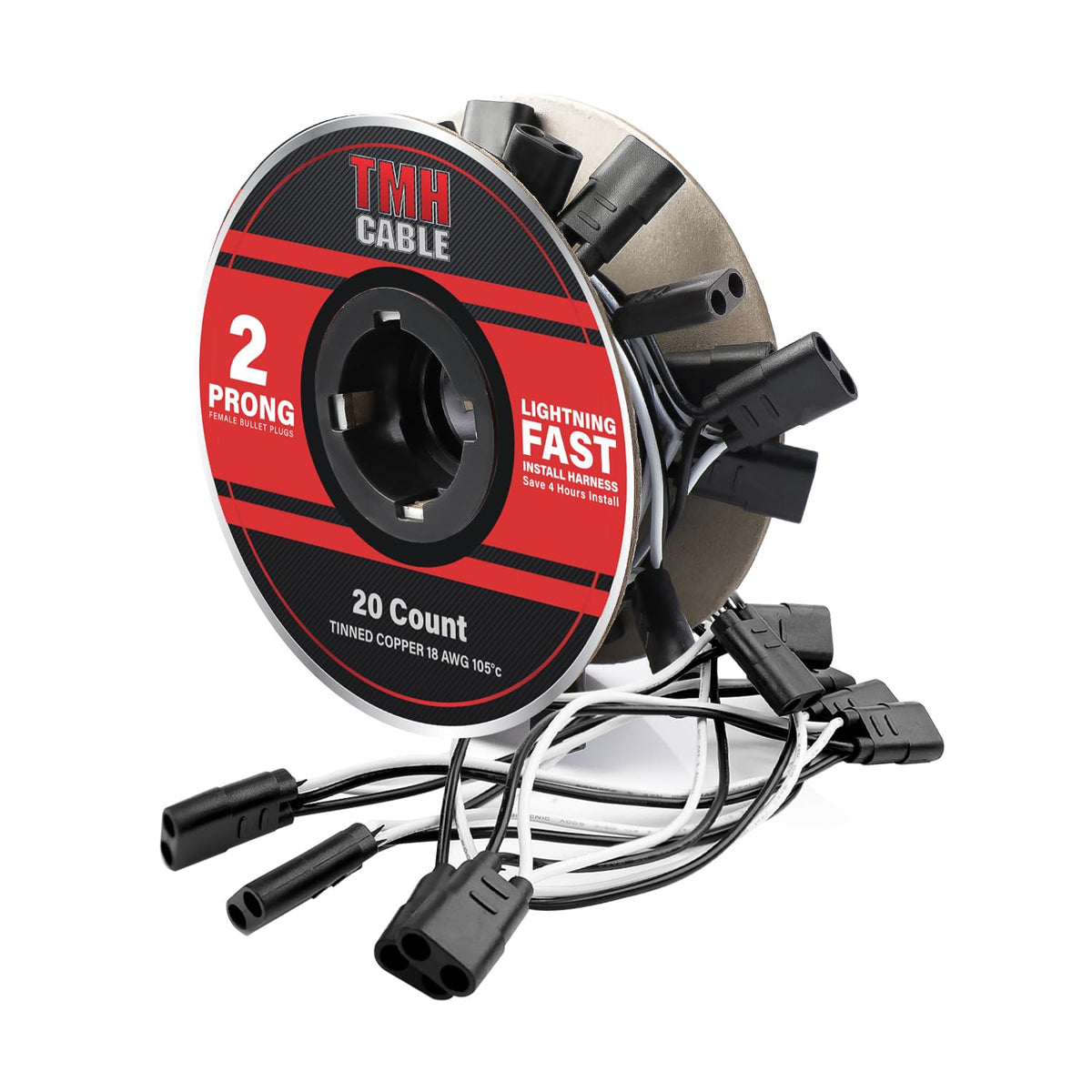TMH harness roll front view showing 20 plugs and waterproof benefit