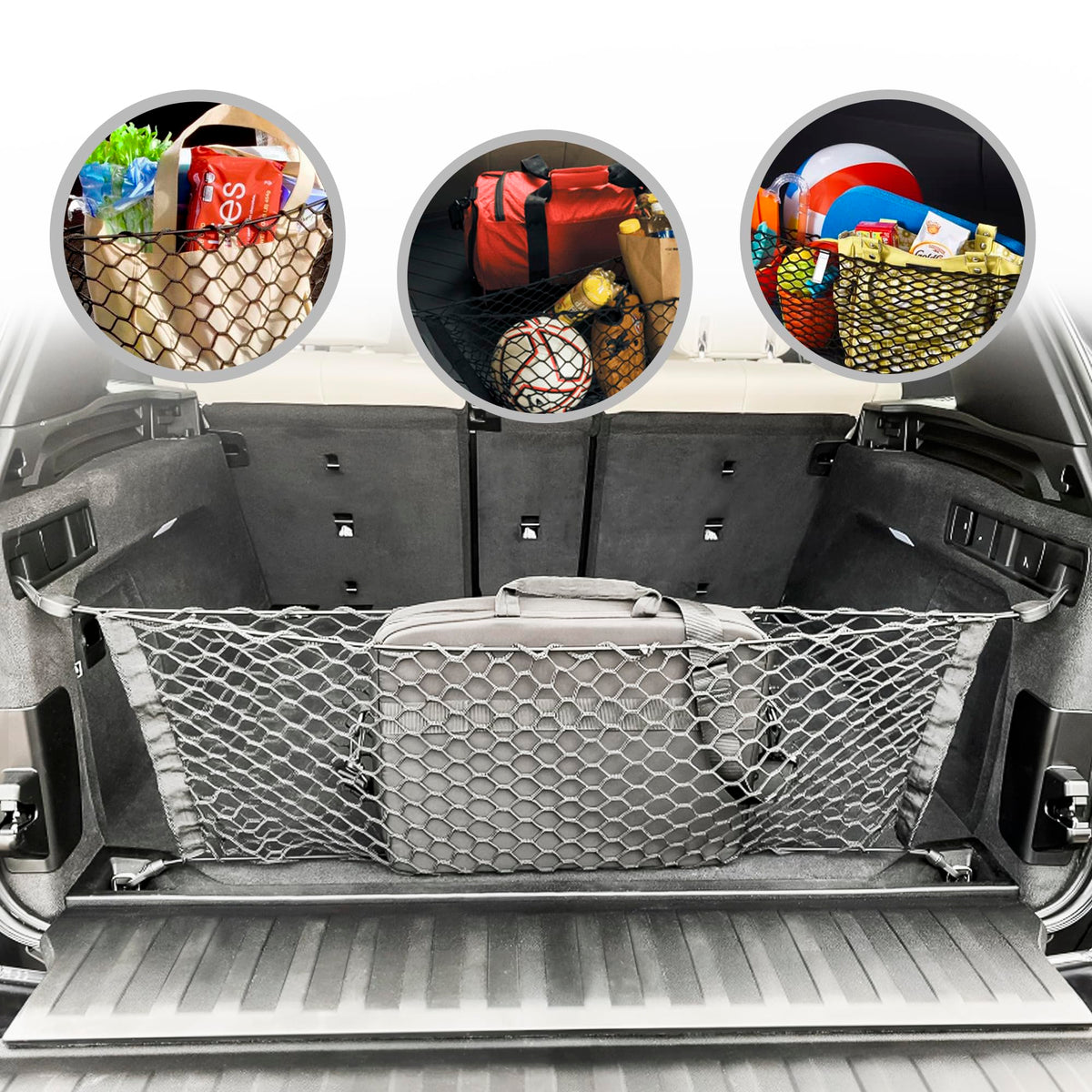 TN TrunkNets front view of envelope net showing clean cargo organization