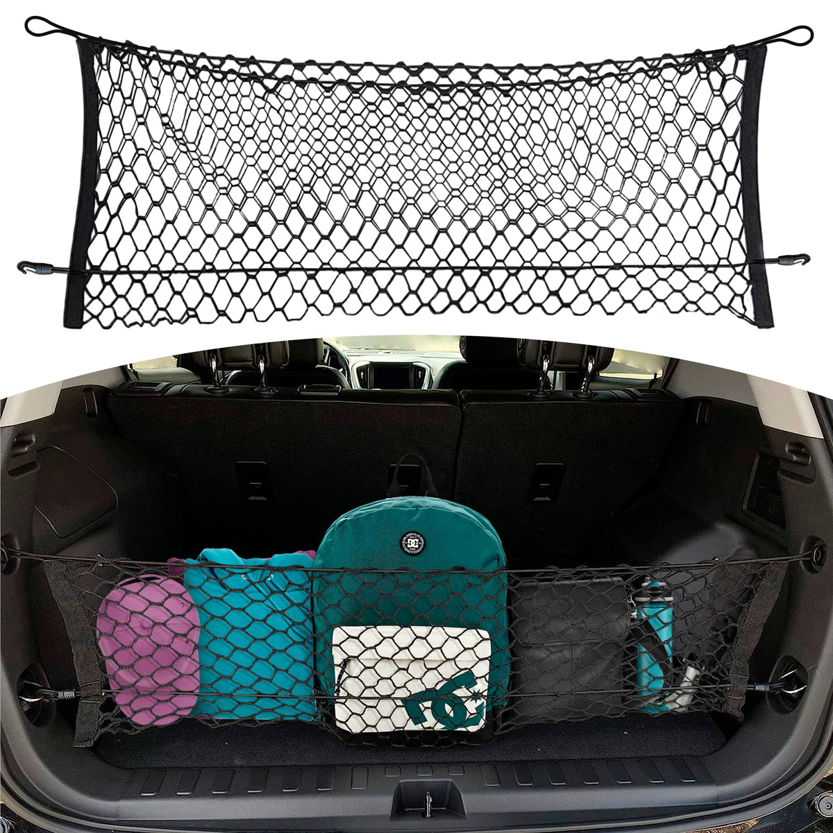 TN TrunkNets front view installed in Equinox trunk shows organized storage benefit