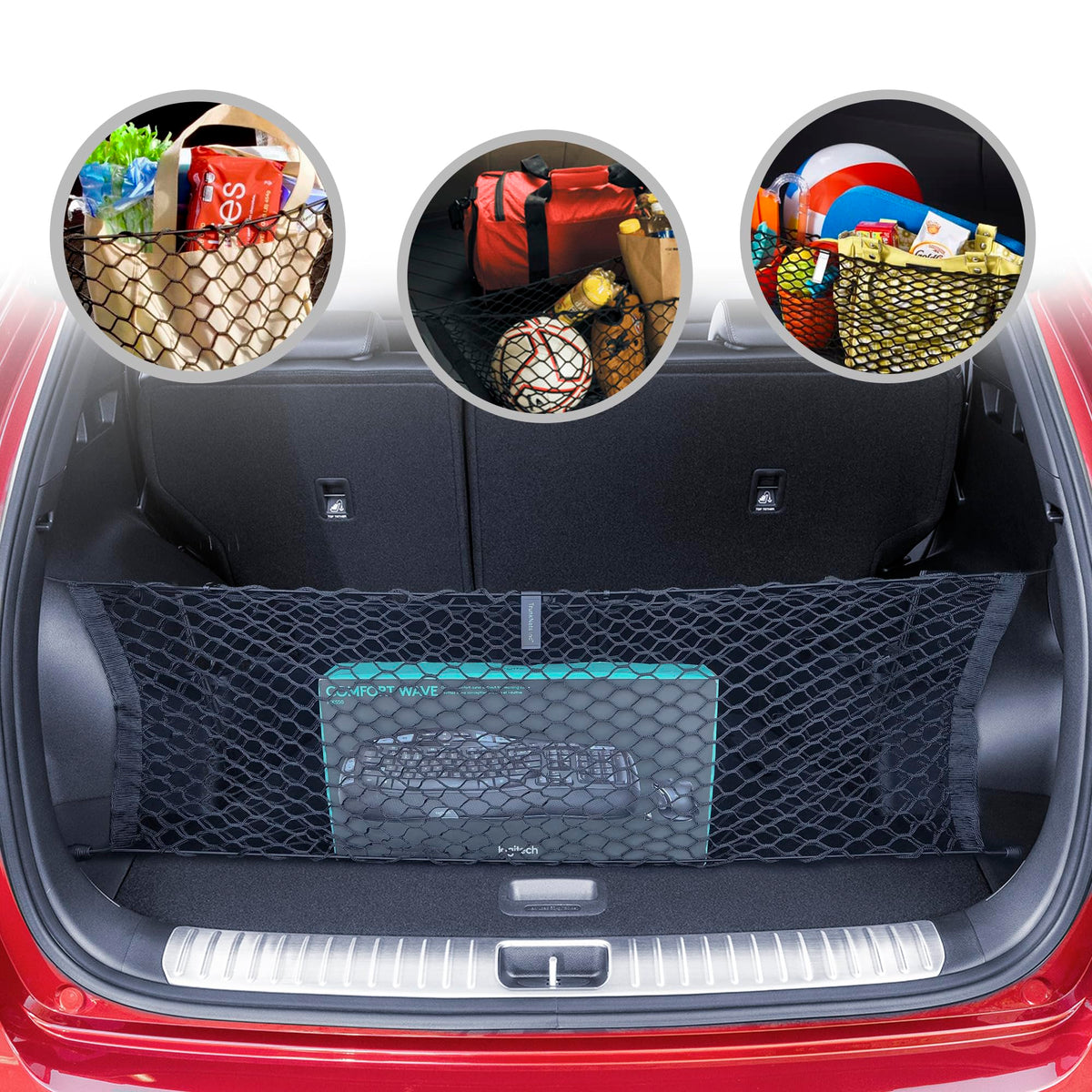 TN TrunkNets Inc front view of cargo net securing Sportage trunk, keeps items tidy