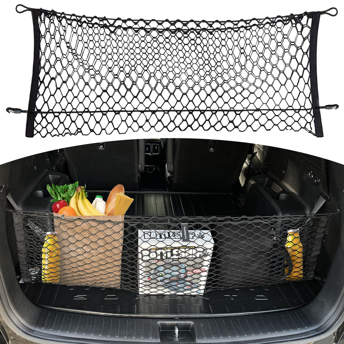 TN TrunkNets Inc trunk net front view showing snug vehicle fit and organized cargo