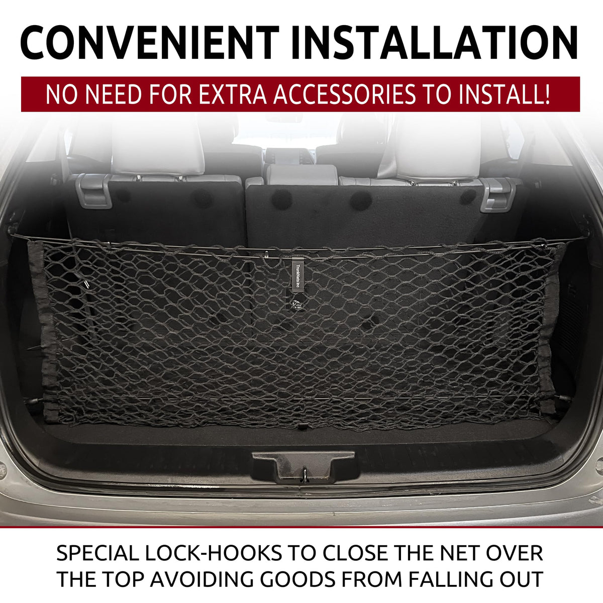 TN TrunkNets hardware attachment detail showing secure, tool-based installation