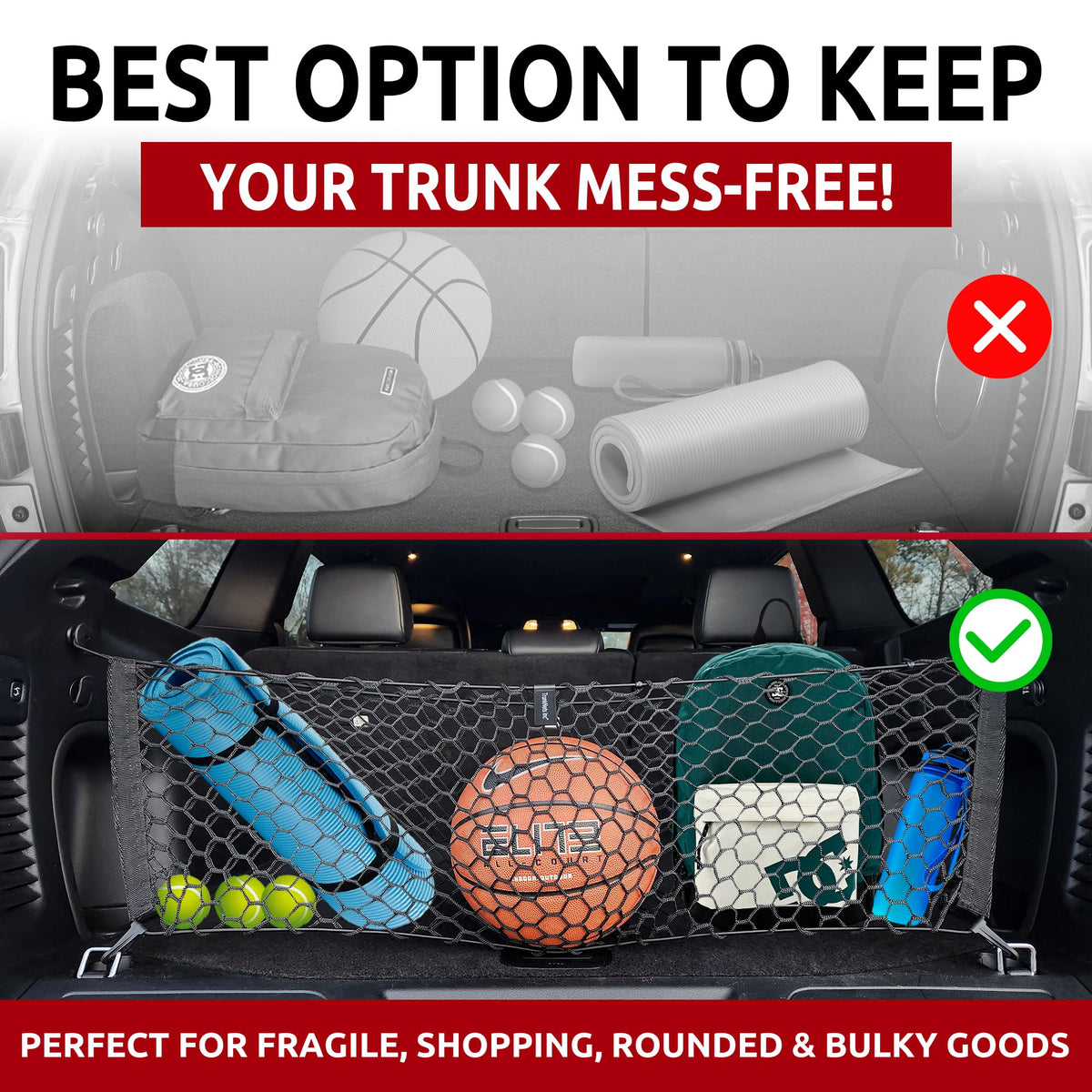 TN TrunkNets holding groceries to prevent spills and shifting during travel