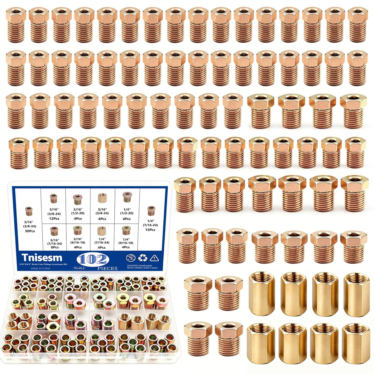 Tnisesm front of box showing 102-piece fittings kit and organized layout for quick selection