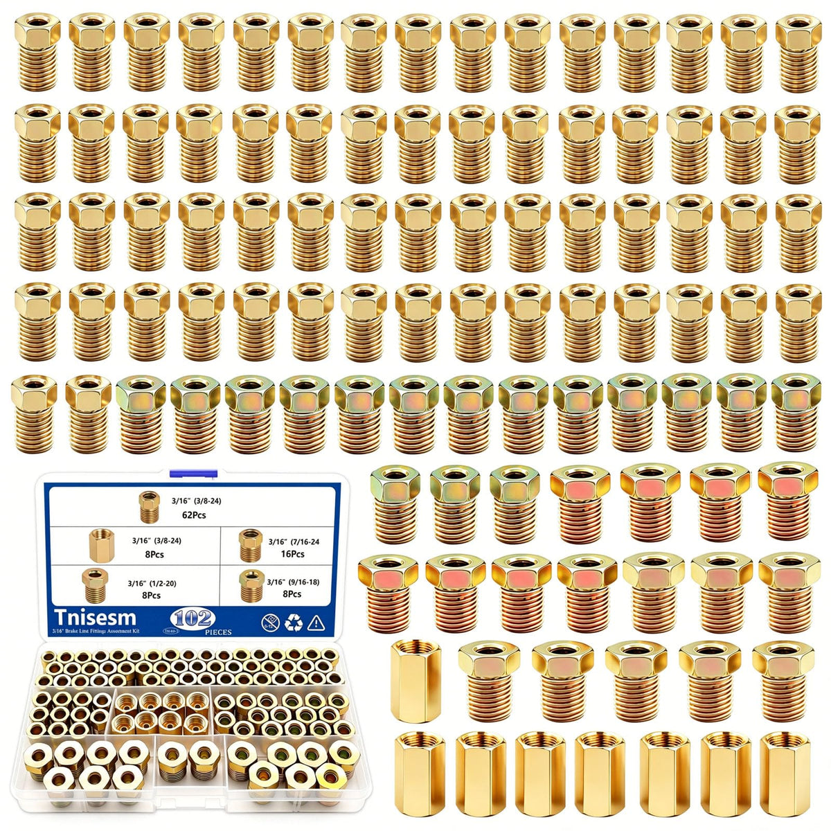 Tnisesm front packaging showing 102-piece brake fittings kit and organization benefit