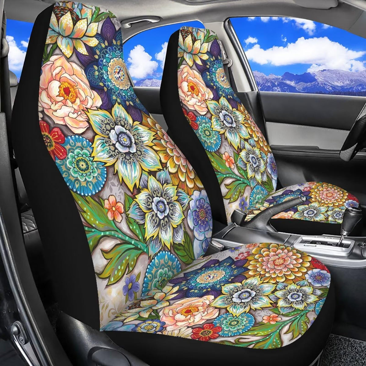 TOADDMOS boho floral seat covers installed front view, bright cabin style and personality