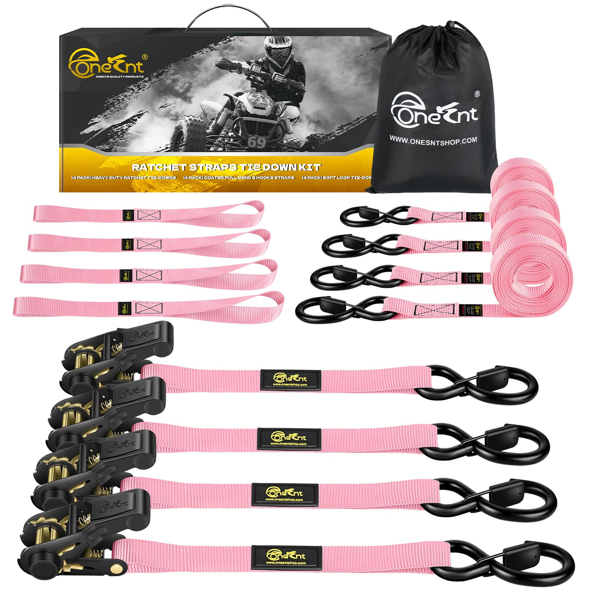 TOBUMO front view of 4-piece ratchet strap kit showing contents and portability