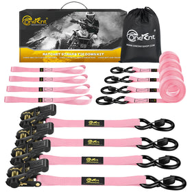 TOBUMO front view of 4-piece ratchet strap kit showing contents and portability