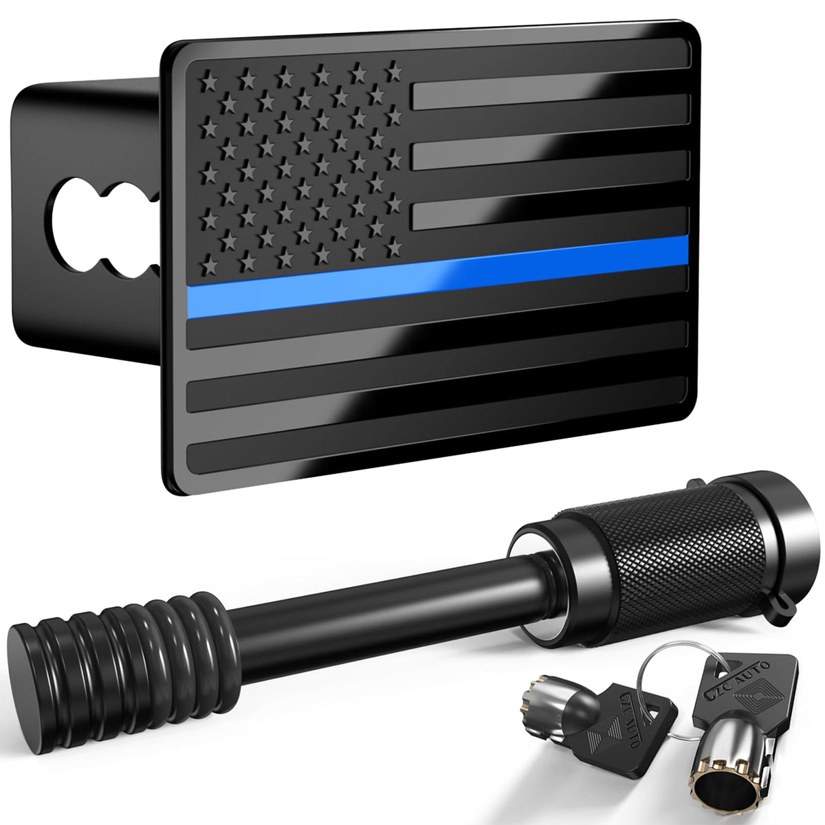 TOEASYTY front view of American flag hitch cover showing patriotic styling and durable finish