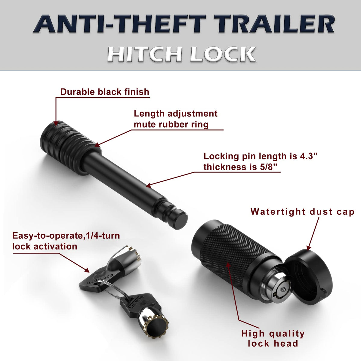 TOEASYTY trailer hitch lock with two keys showing strong theft protection