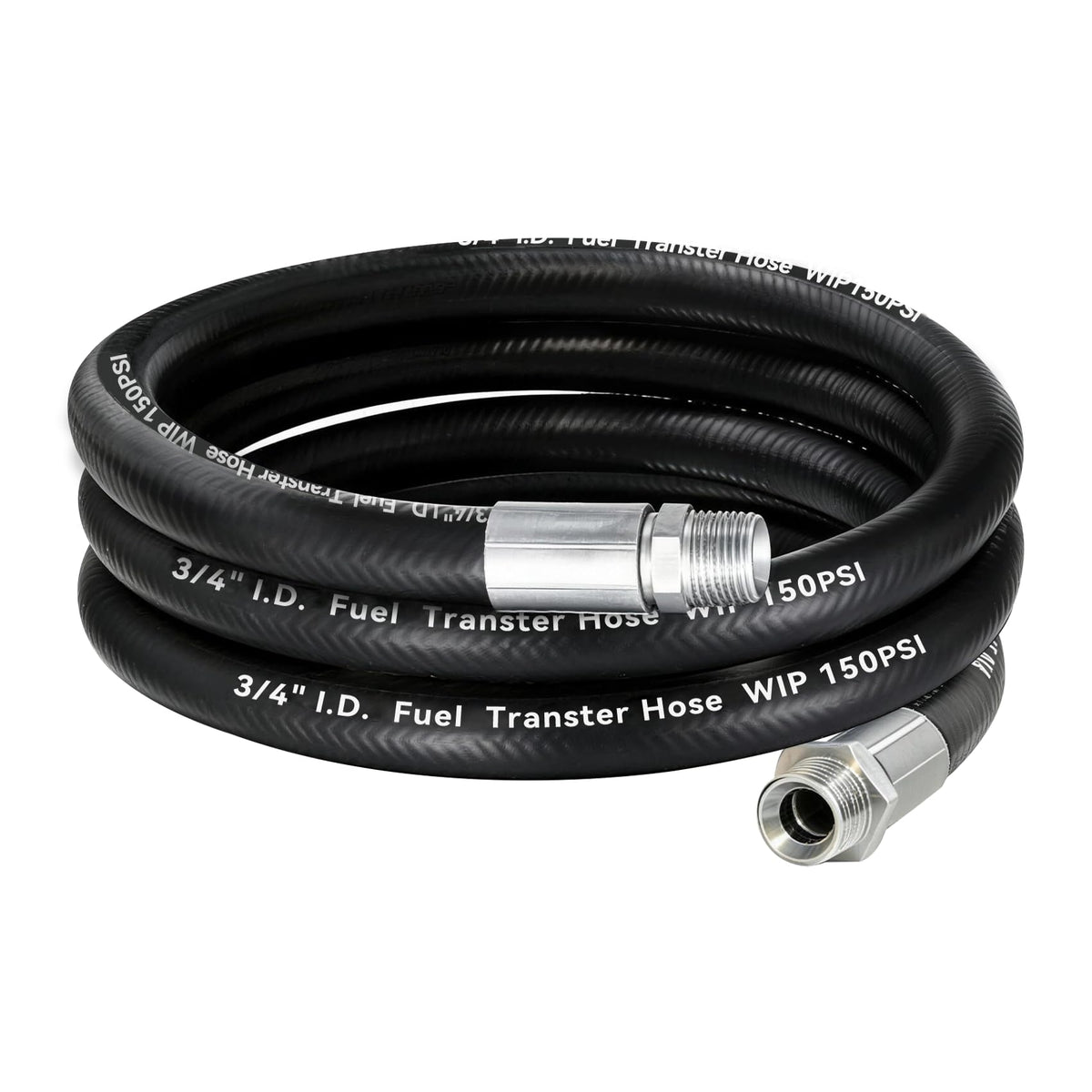 Togsher front view of 3/4" fuel hose showing fittings and length benefits
