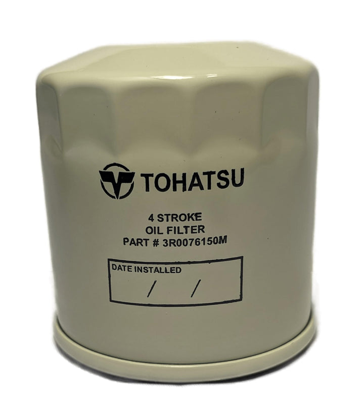 Tohatsu canister oil filter front view showing label and fitment benefits