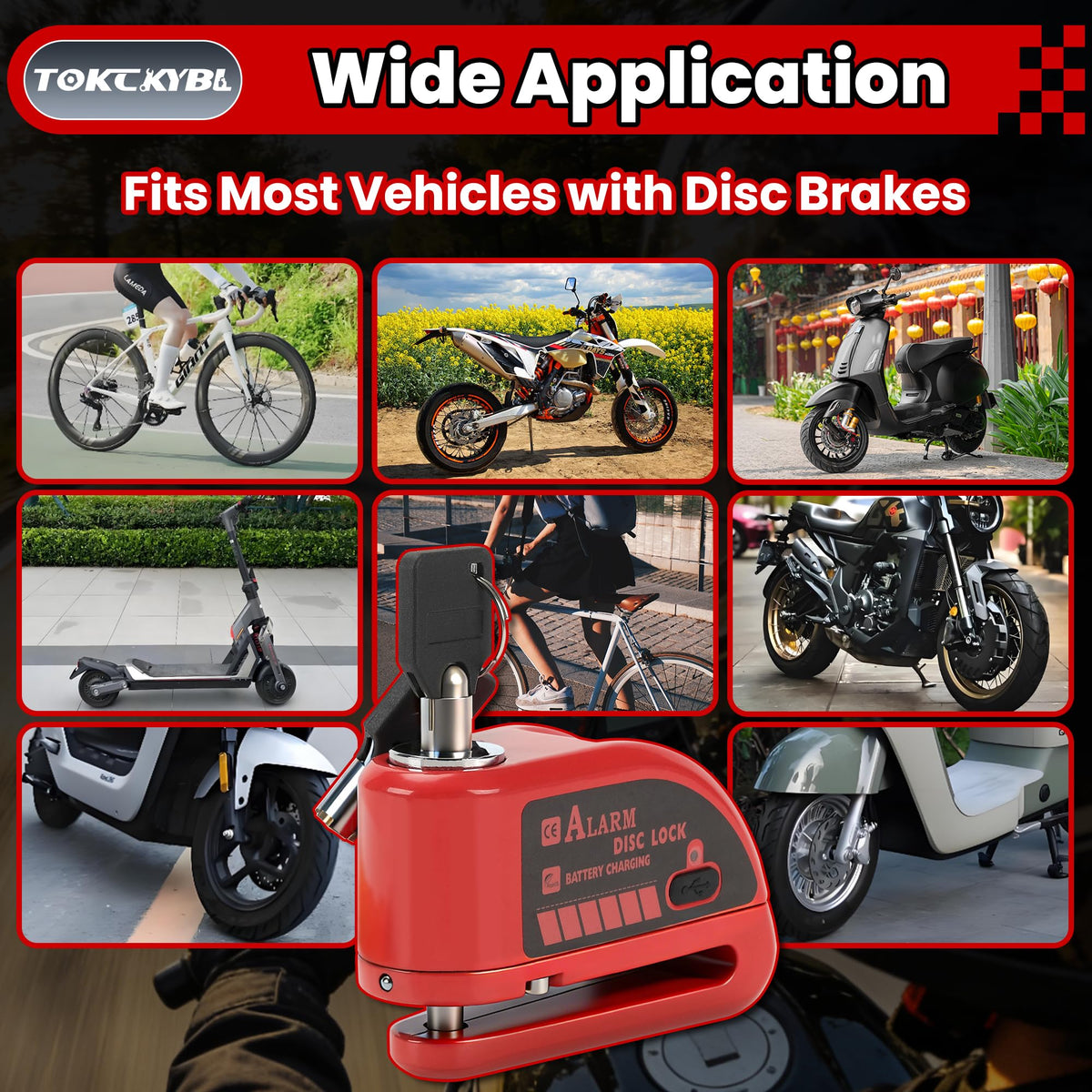 TOKCKYBL mounted on motorcycle disc demonstrating secure fit and on-bike protection