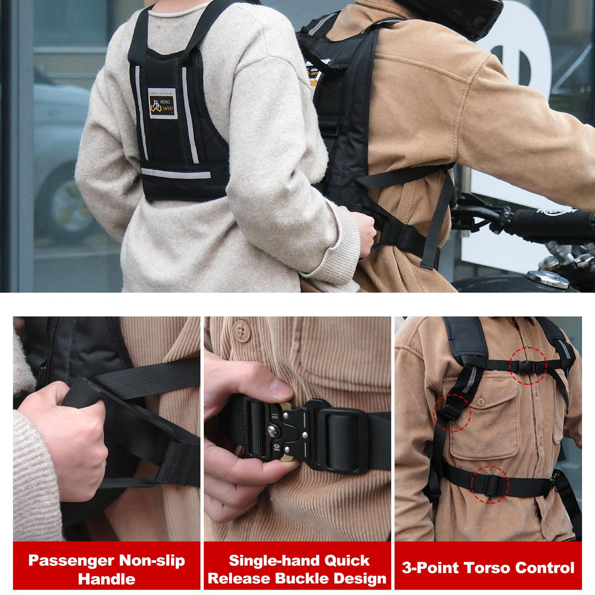 TOKCKYBL harness on motorcycle in use enhancing passenger stability