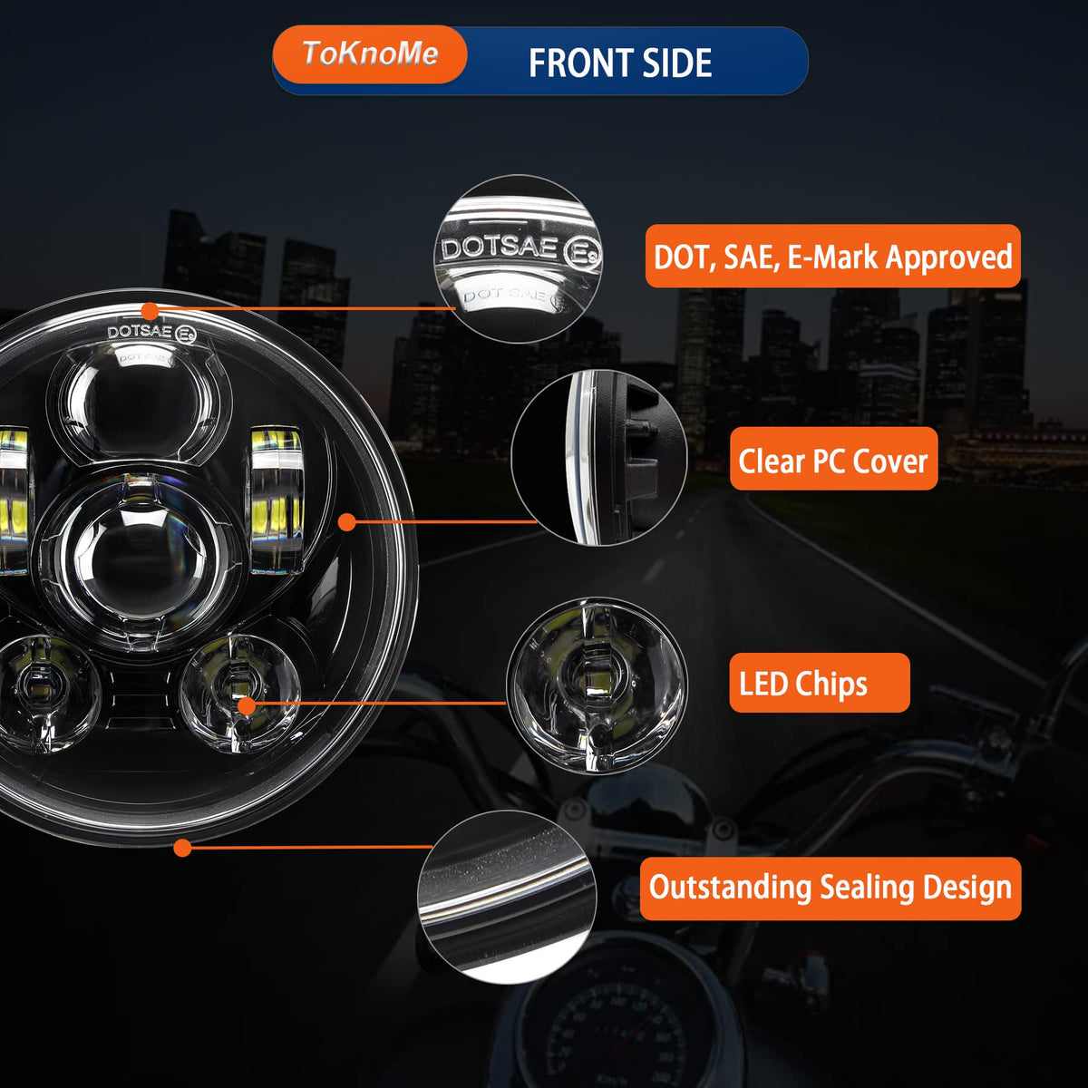 ToKnoMe mounted on Harley showcasing brighter white light for safer riding