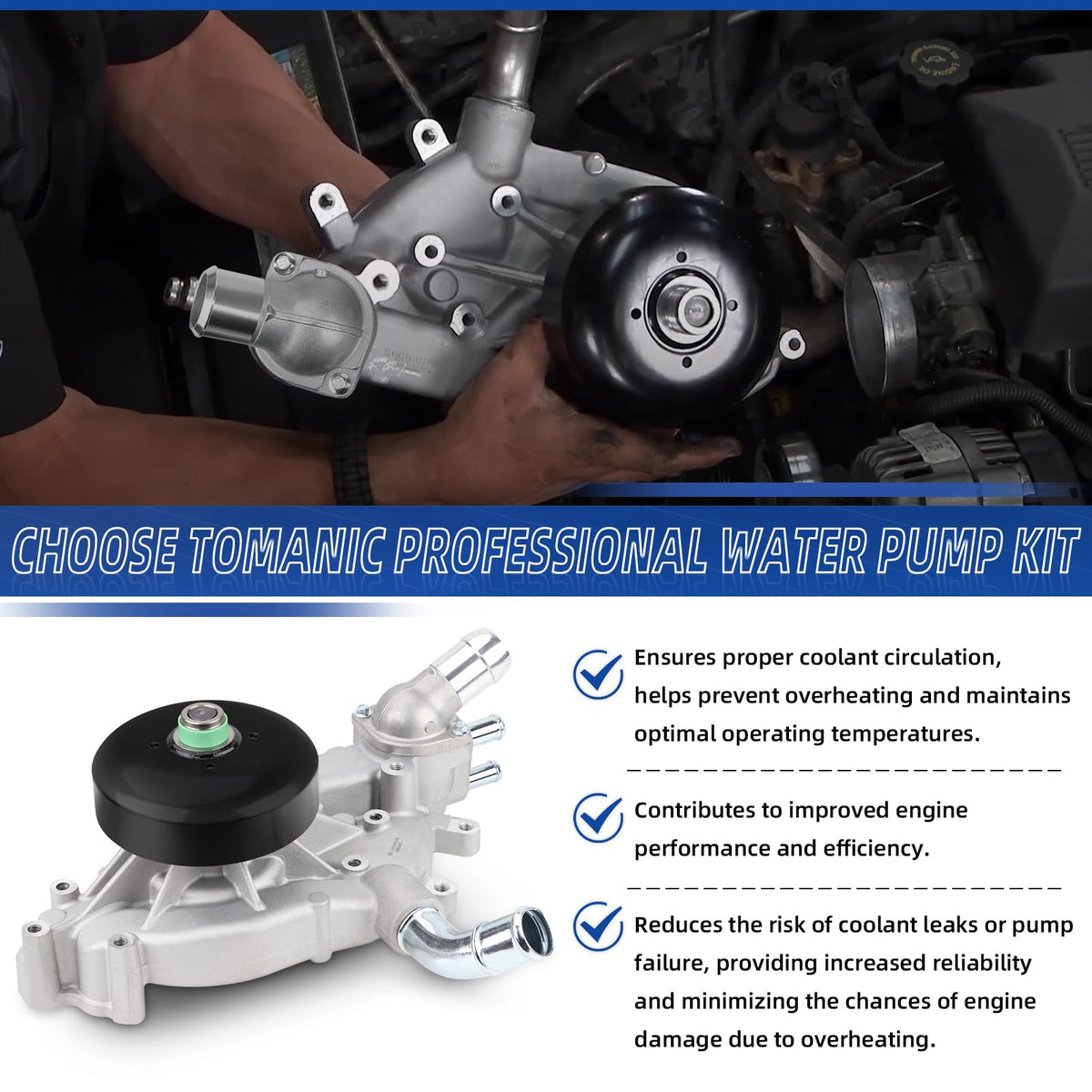 Tomanic pump kit beside a parked truck illustrating dependable cooling upgrade