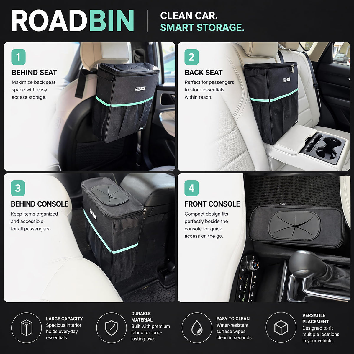 TomKa Essentials RoadBin attached to headrest keeping car tidy