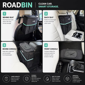 TomKa Essentials RoadBin attached to headrest keeping car tidy