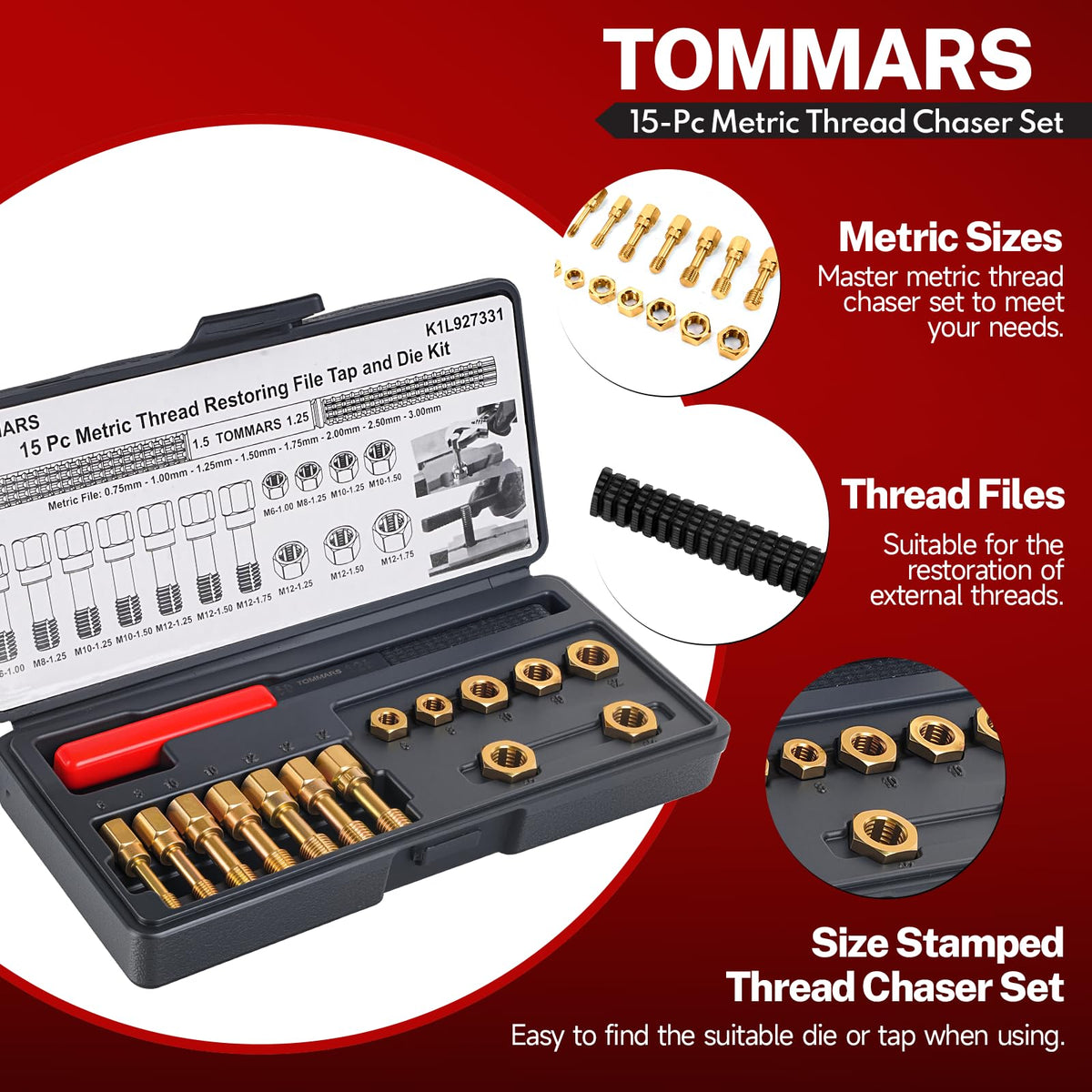 TOMMARS size chart printed on case lid for instant selection and portability