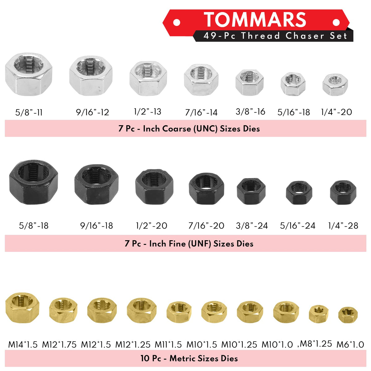 TOMMARS taps and dies lined up for quick size selection advantage