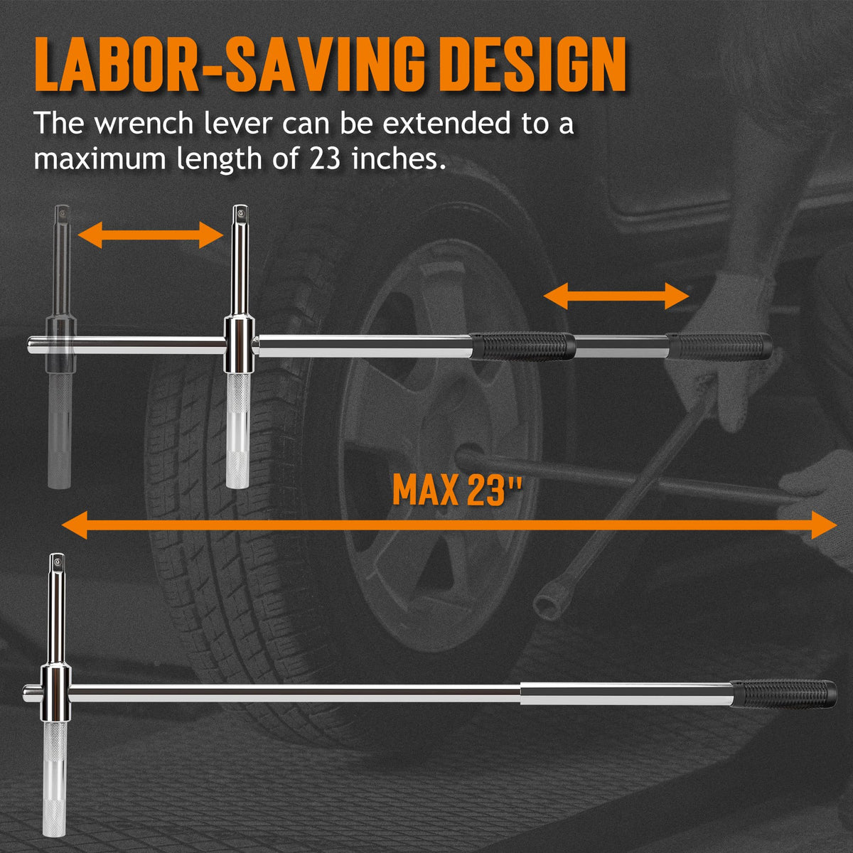 TONDA extended lug wrench fully extended to show 23 inch leverage advantage