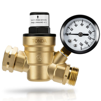 TONDA front view showing gauge and hose connection, protects RV plumbing