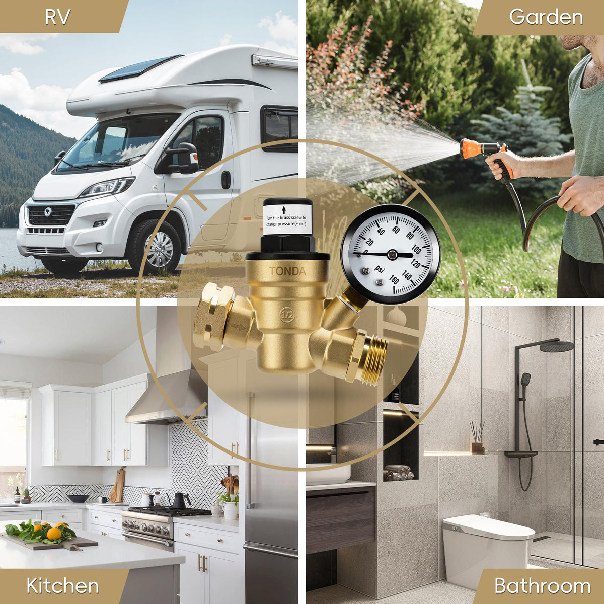 TONDA in RV kitchen hookup scene, ensures consistent water flow