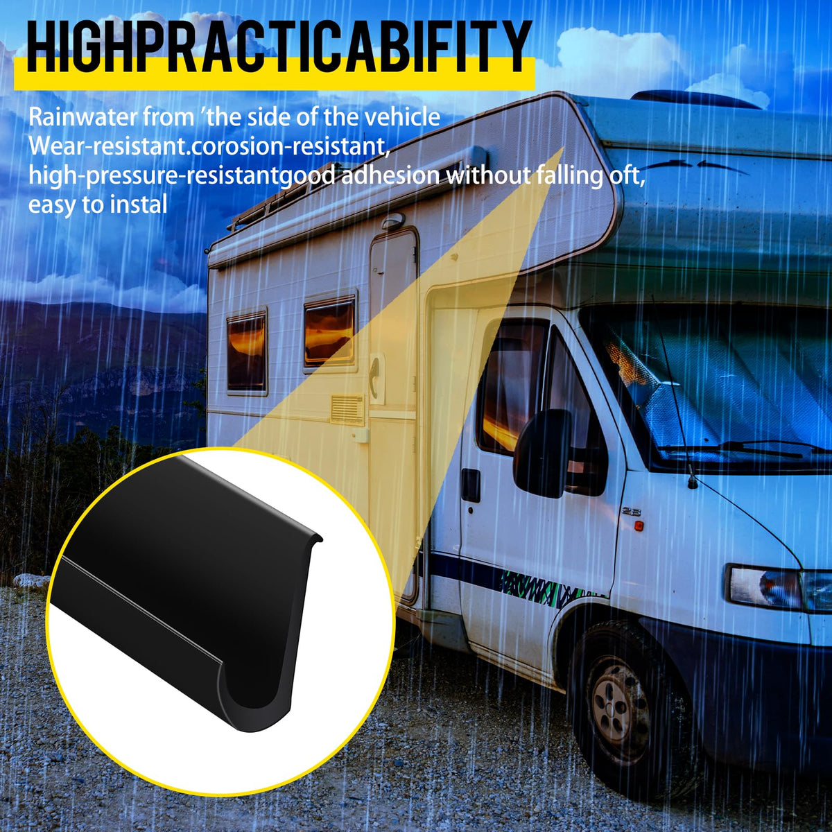 Tondiamo installed on an RV door edge diverting water away from seam