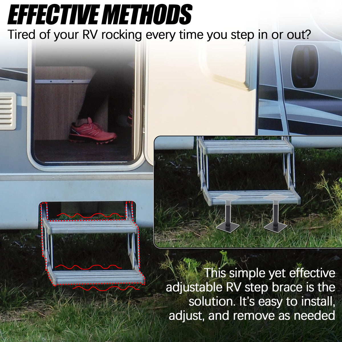 TonGass brace installed under RV step demonstrating improved stability