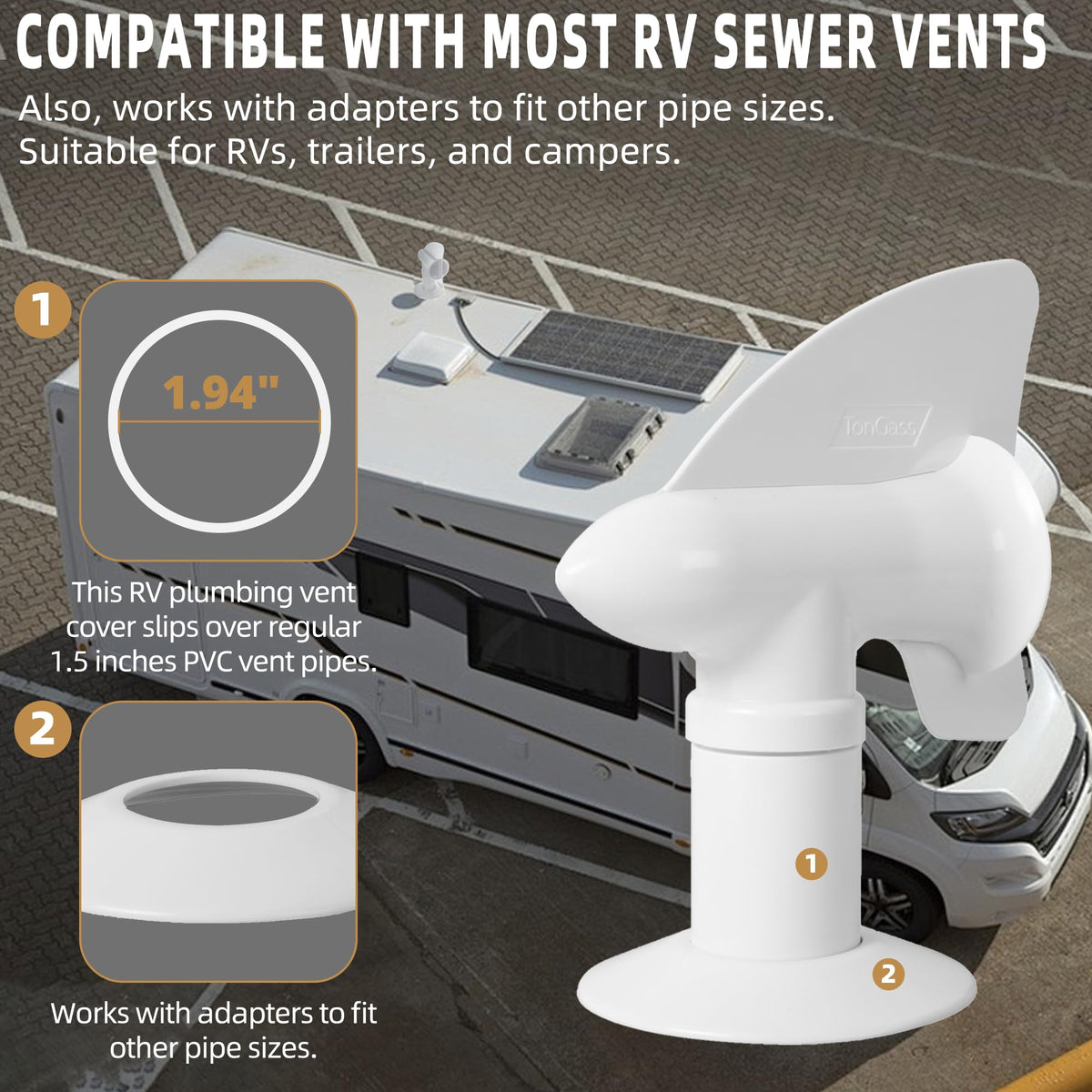 TonGass vent cover installed on RV rooftop demonstrating secure fit