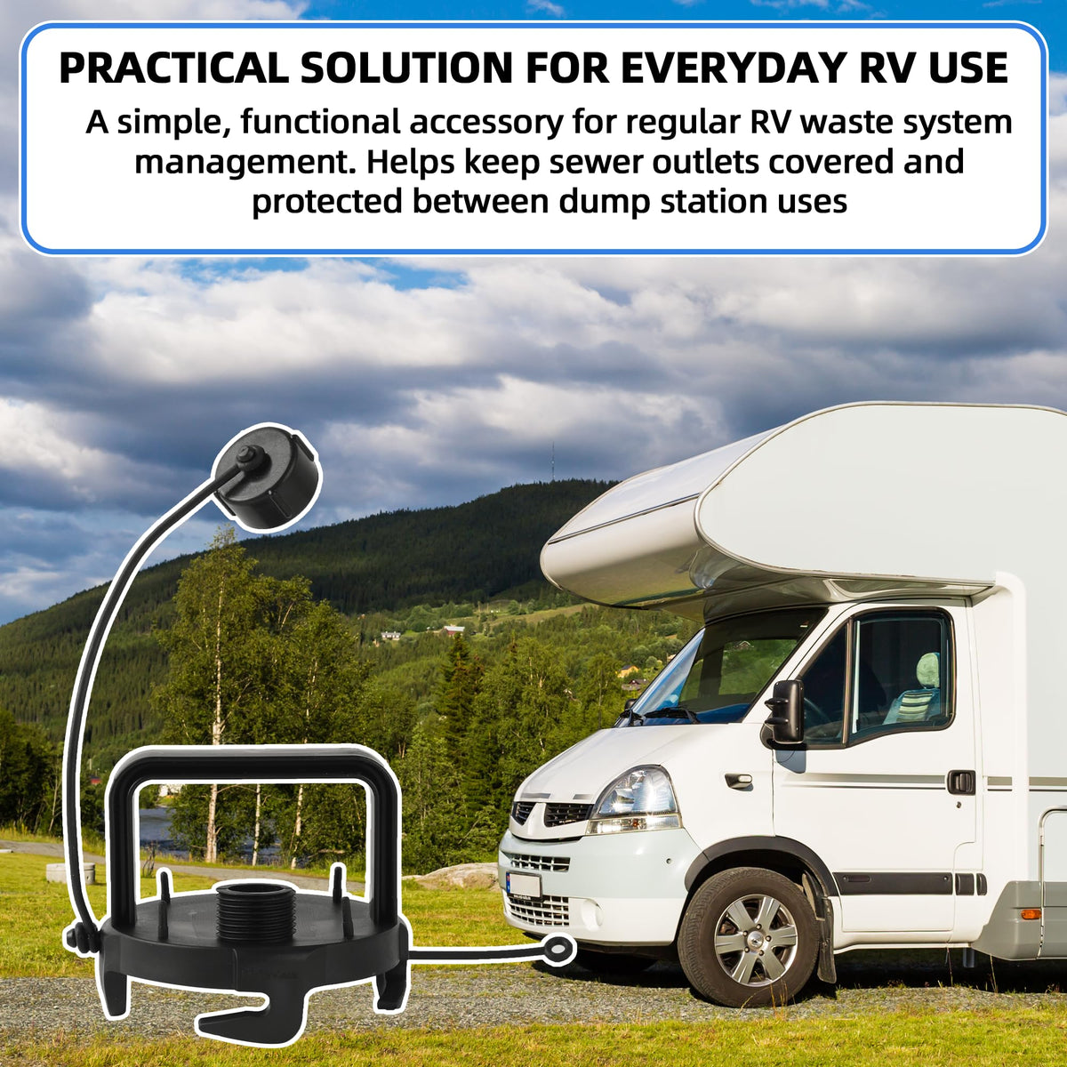 TonGass cap on camping trailer exterior protecting outlet during travel