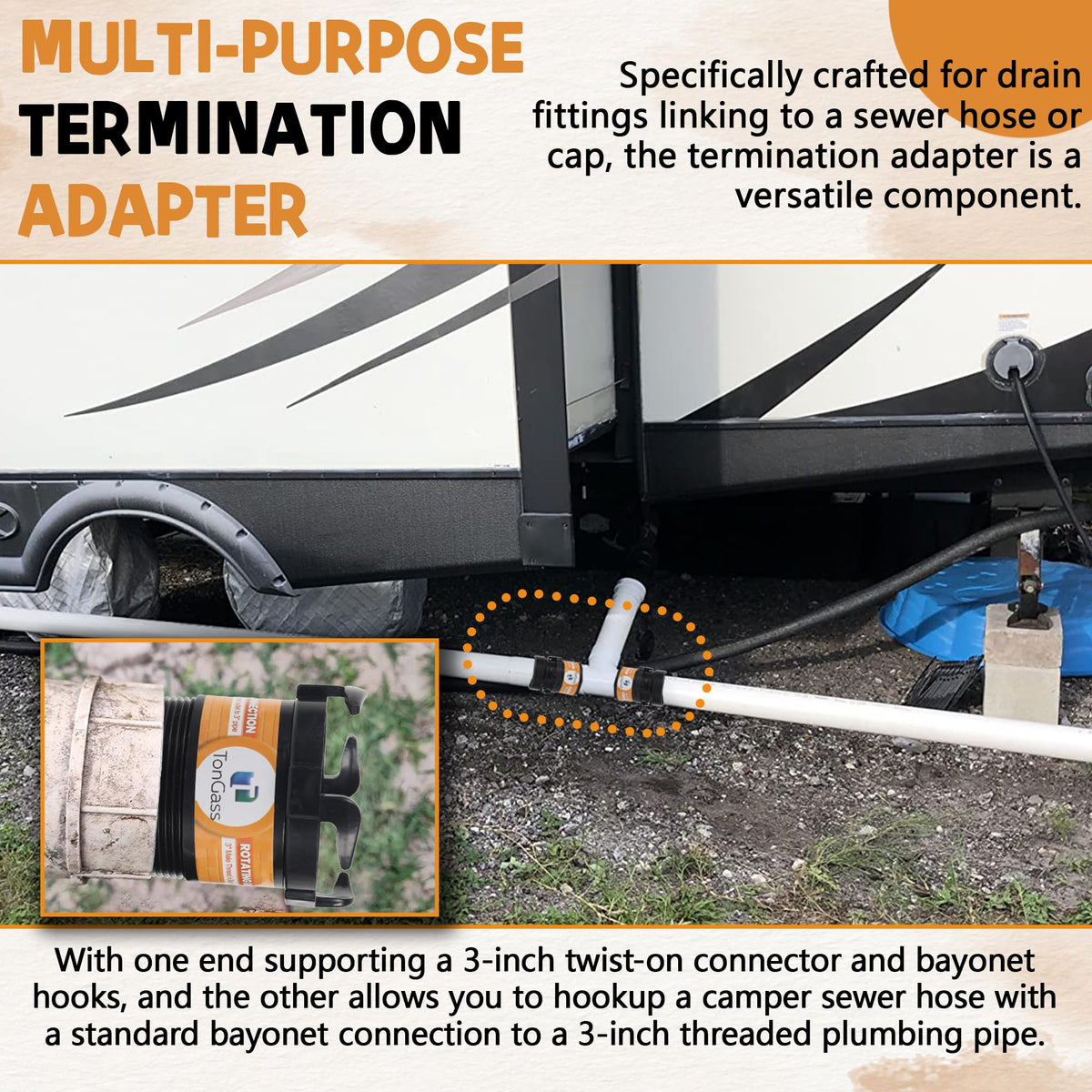 TonGass termination adapter attached to sewer hose demonstrating leak-resistant join